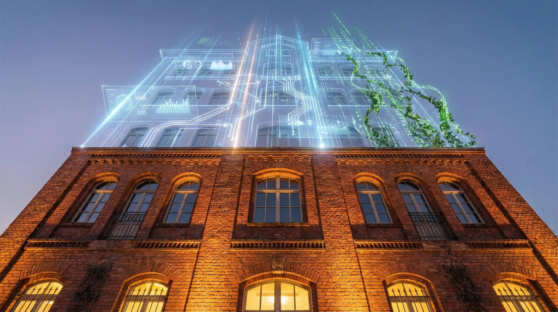Traditionelles Mittelstandsgebäude transformiert sich digital – Symbol für Digitalisierung als Wachstumstreiber für KMU