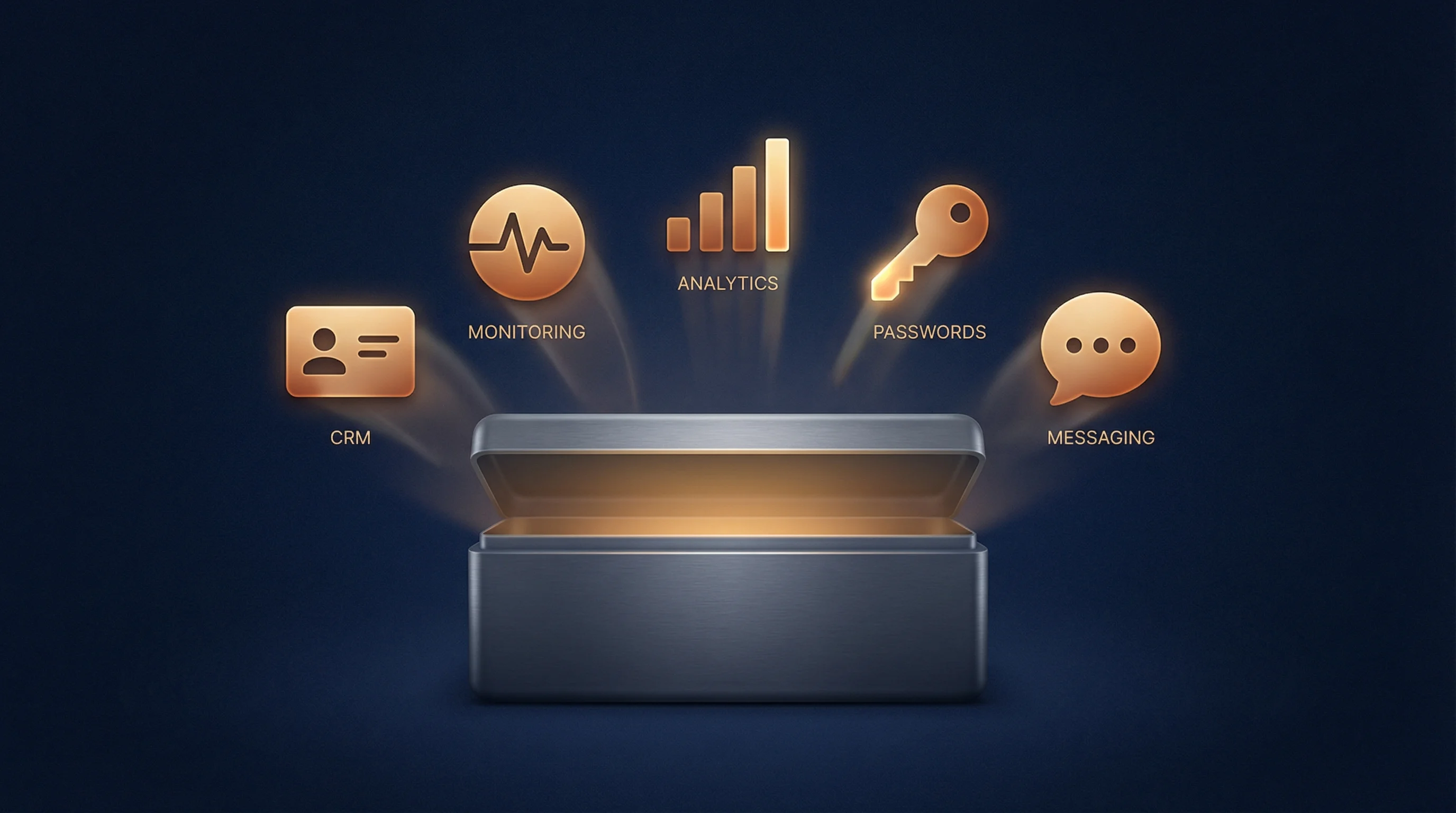 Dashboard mit Open-Source-Tools wie EspoCRM und Uptime Kuma auf einem selbst gehosteten Server – Symbole für CRM, Monitoring und Analytics