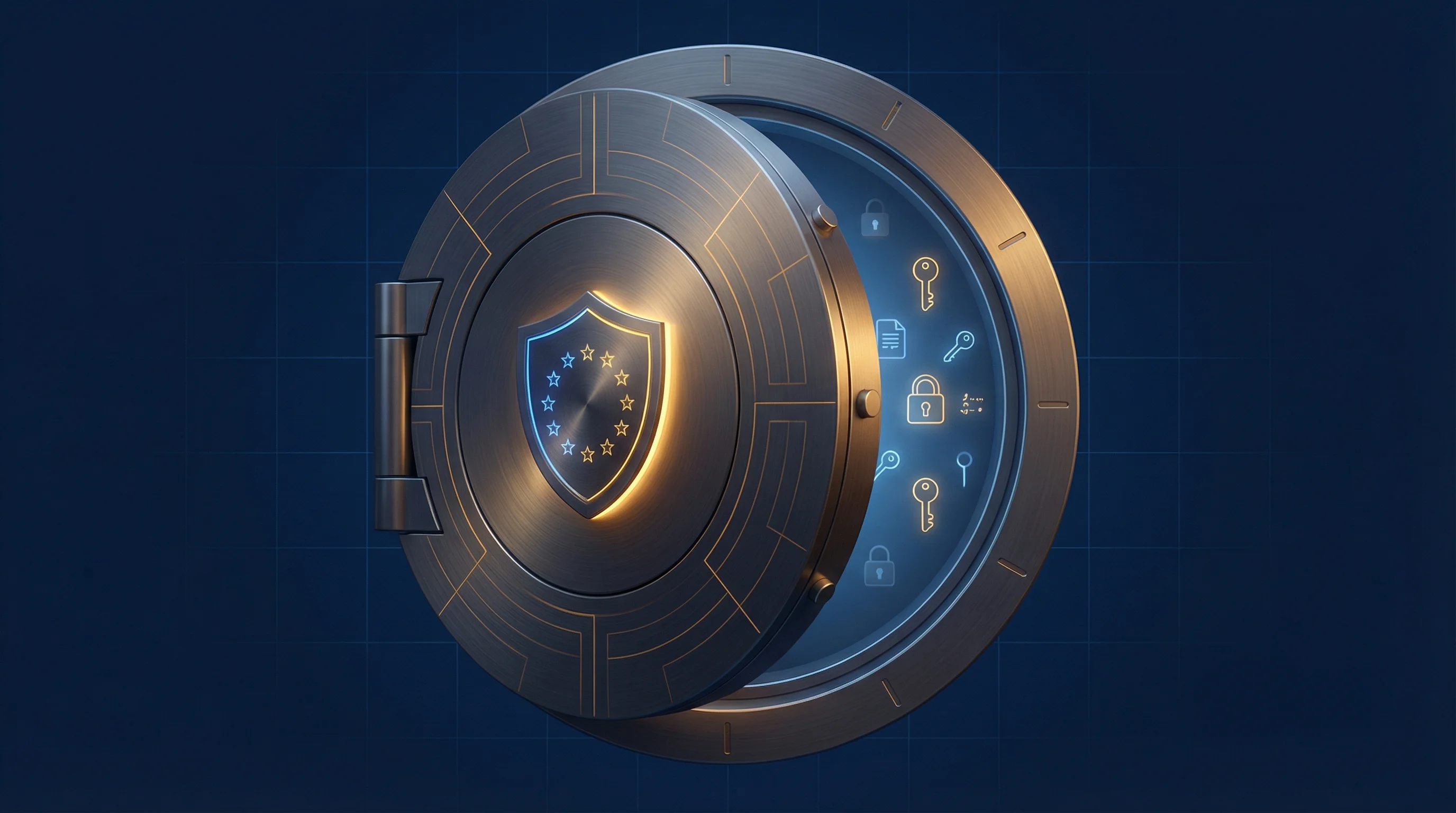 Tresor mit digitalem Schloss auf einem europäischen Server – Symbol für selbst gehostete Passwortverwaltung mit Vaultwarden