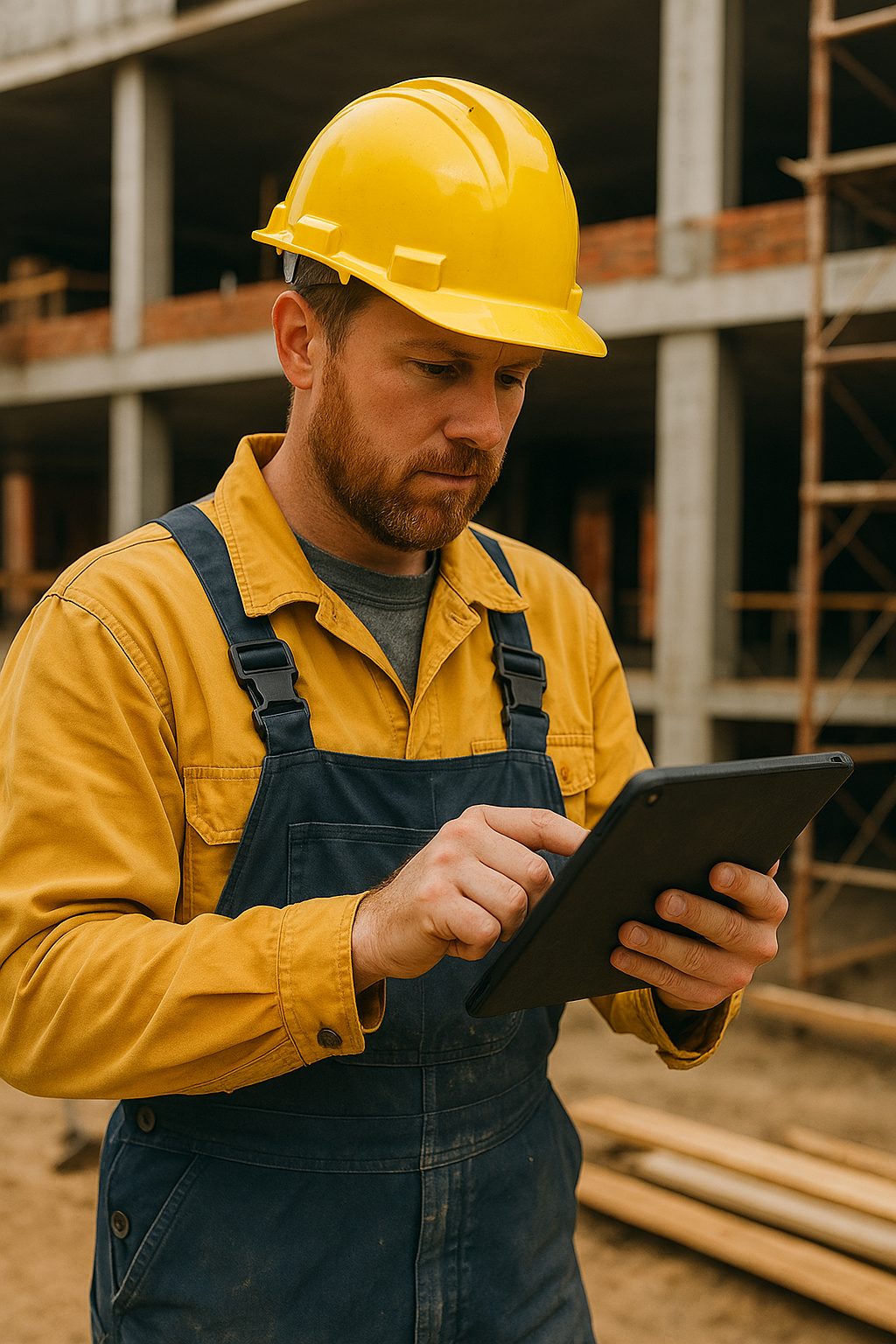 Handwerker mit Tablet auf der Baustelle